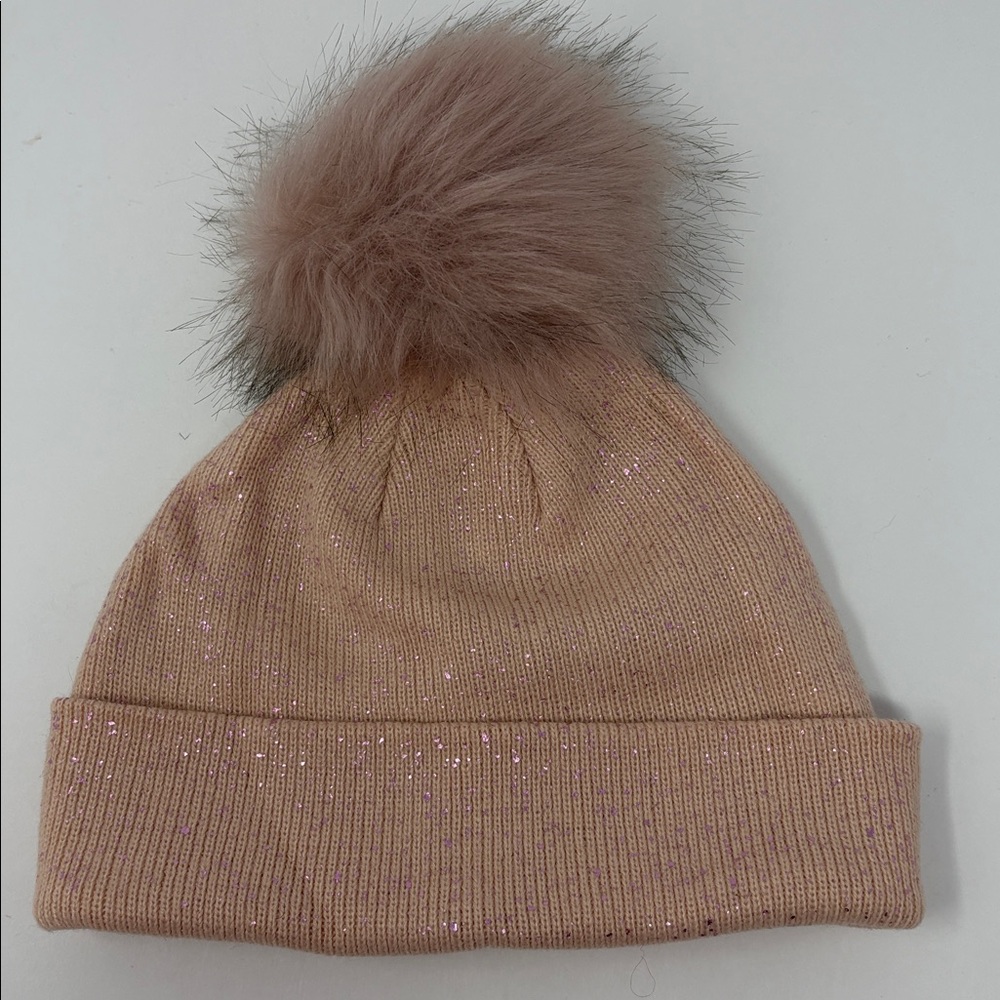 TOP IT OFF: Pink 'Eliza' Pom Pom Knit Hat; One Size. NEW. Purple sparkles